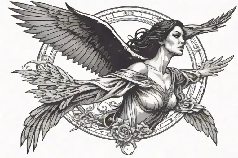 Woman With Raven Head And Wings Flying Towards Sun Simple