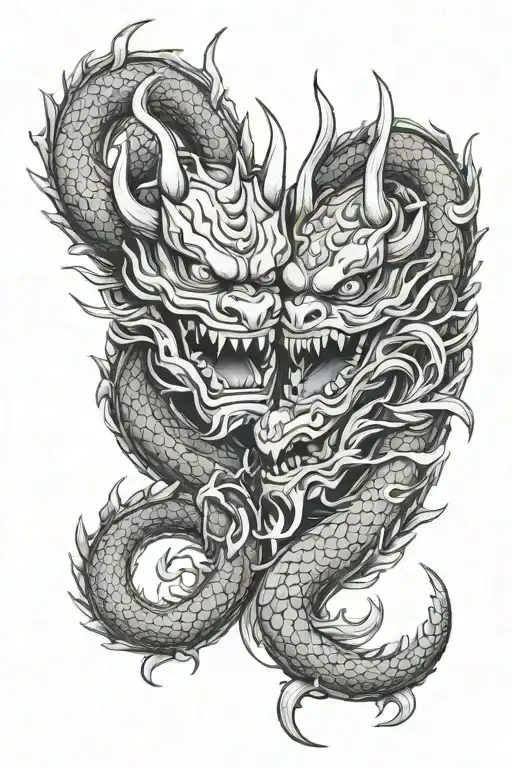Double Linked Dragon And Half Hannya Mask Tattoo Design