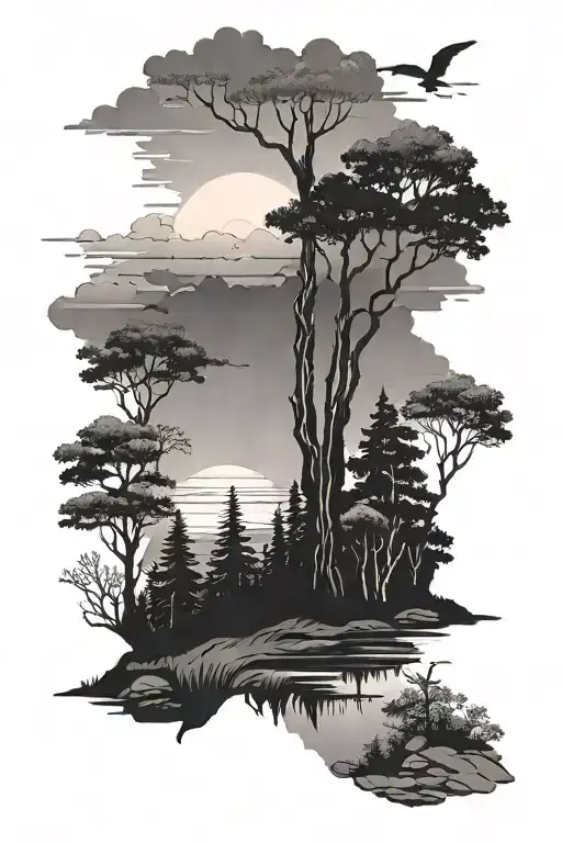 A Serene Landscape Tattoo Of A Sunset Over A Forest With A Subtle Religious Motif