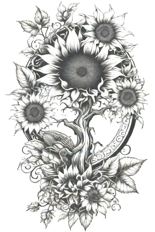 Sunflower With Tree Of Life And Dragon Around It For Forearm