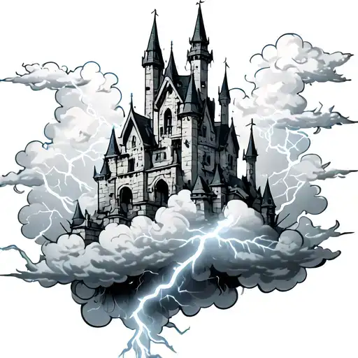 Medieval Gothic Castle Floating In Clouds With Lightning Striking Around It And Through It