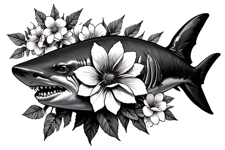 Black And Grey Lemon Shark With Flowers For A Female Forearm