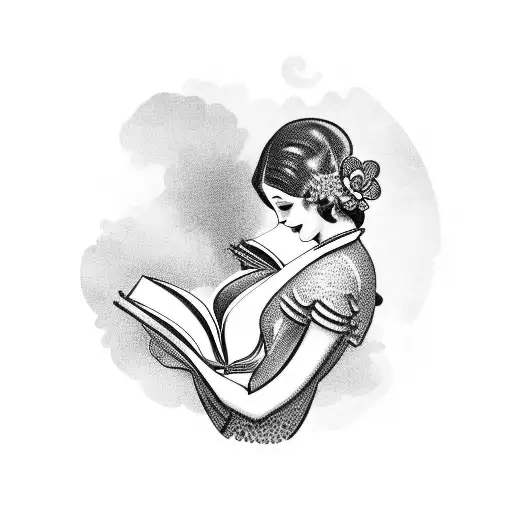 Vintage Lady Reading An Opened Book Surrounded By Bold Floral Frame