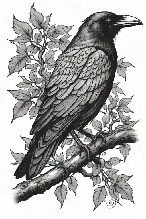 Raven On A Tree With A Rop Tied To The Tree Branch