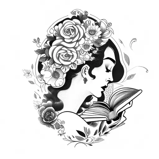 Vintage Floral Lady Profile Reading An Opened Book Surrounded By Bold Floral Frame