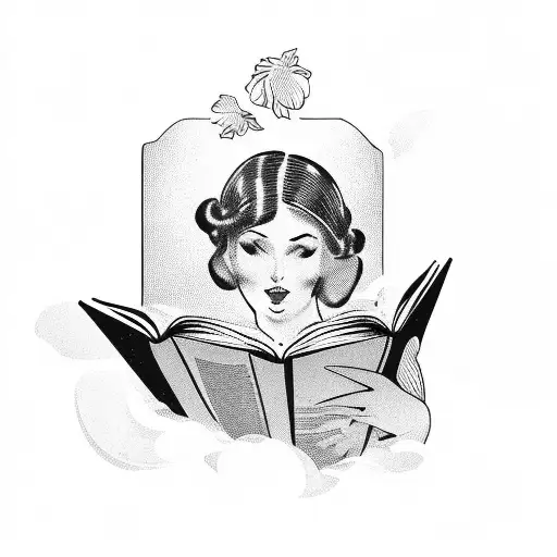 Vintage Lady Reading Opened Books Surrounded By Bold Floral Frame