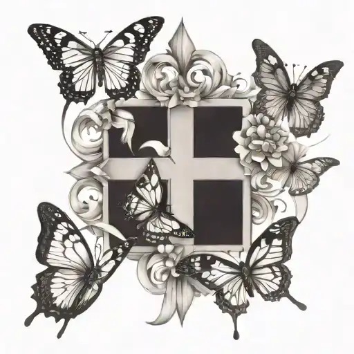5 Butterflies Flying Towards A Cross And One Significant Butterfly Has A Cancer Ribbon