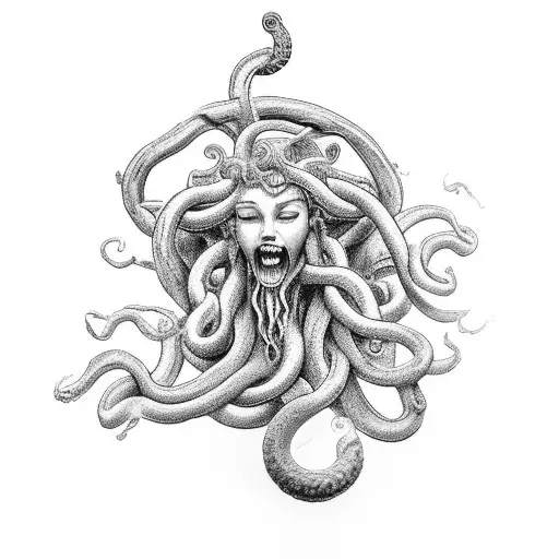 A Black-grey Tattoo Depicting A Mystical Encounter Between Medusa And Poseidon