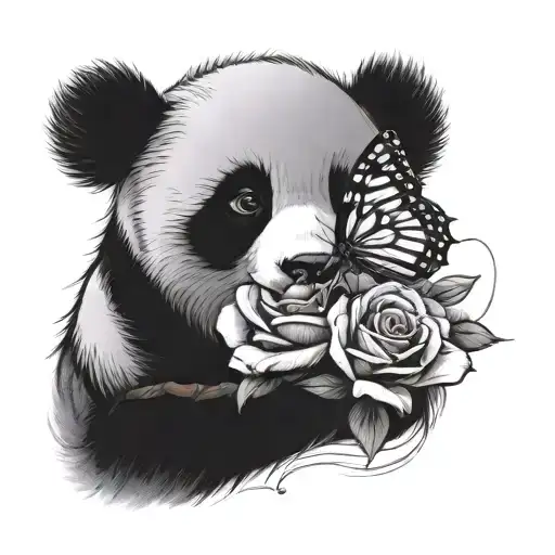 Panda Sitting On An Open Rose Reaching For A Butterfly