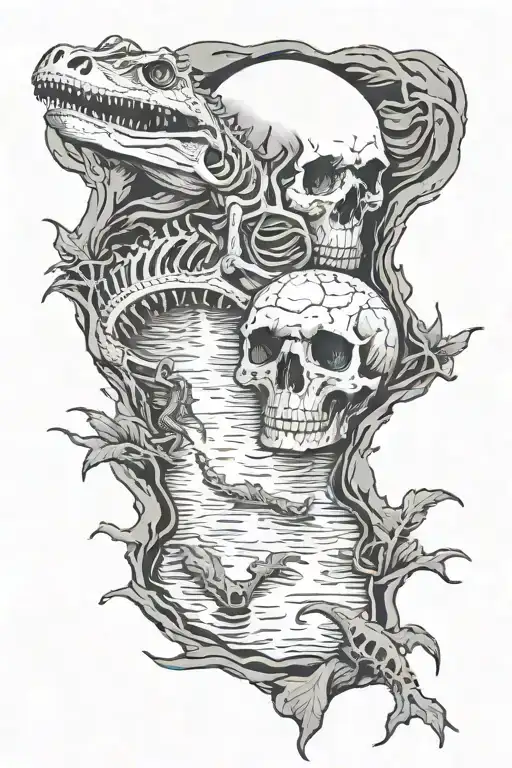 Alive Crocodiles In A River With A Human Skeleton Crossing The River