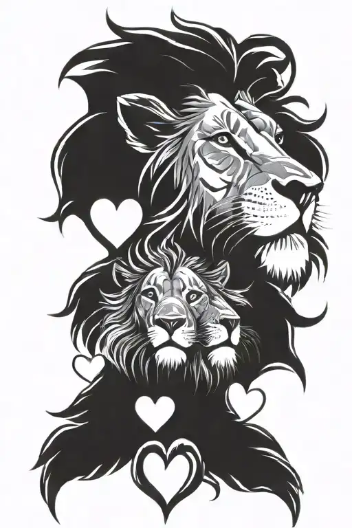 A Lion With His Head Looking Forward And His Claws Outstretched And Wrapping Around Four Hearts