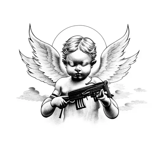 Cherub With Ak47 And Clouds