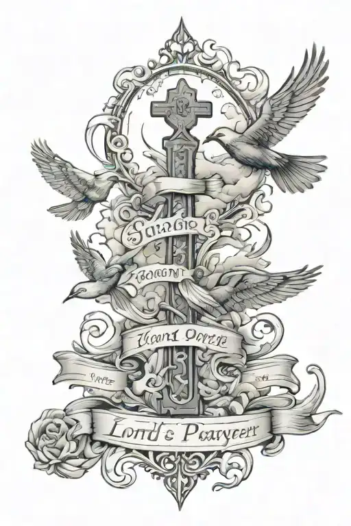 The Lord's Prayer In Script Font With Clouds And Birds