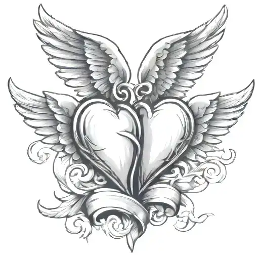 Two Hearts Interlocking With Angel Wing Lifting It Towards The Sky