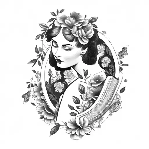 Vintage Floral Lady Profile Reading An Opened Book Surrounded By Bold Floral Frame
