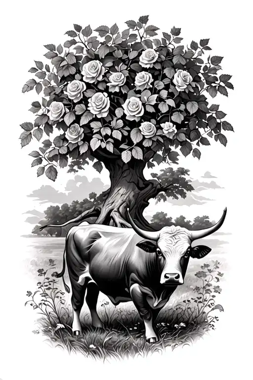 Hereford Bull In Front Of An Oak Tree With Roses