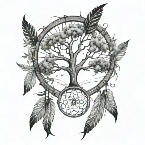Tree Of Life In Dream Catcher With Three Feathers