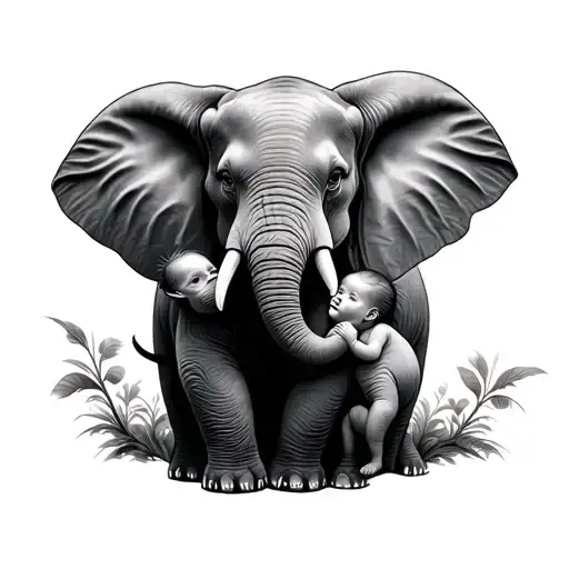 Elephant Holding Babies On Trunk
