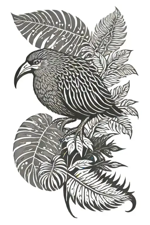 A Kiwi Bird Surfing On A Silver Fern Leaf