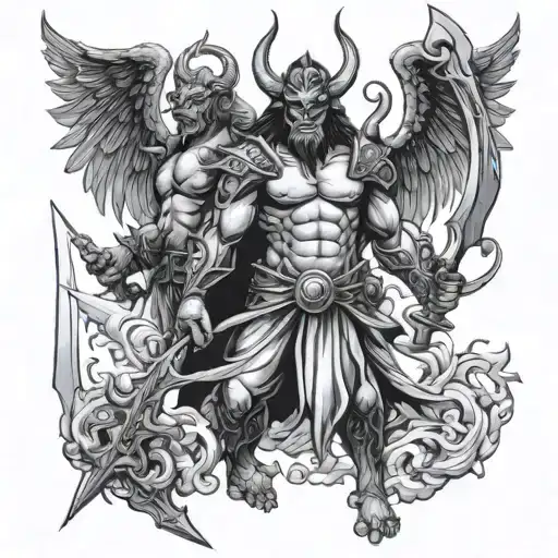 Oni Maks With Devil And Angel Holding A Sword