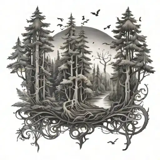 An Intricate Forest Scene With Hidden Musical Notes And Symbols Among The Trees