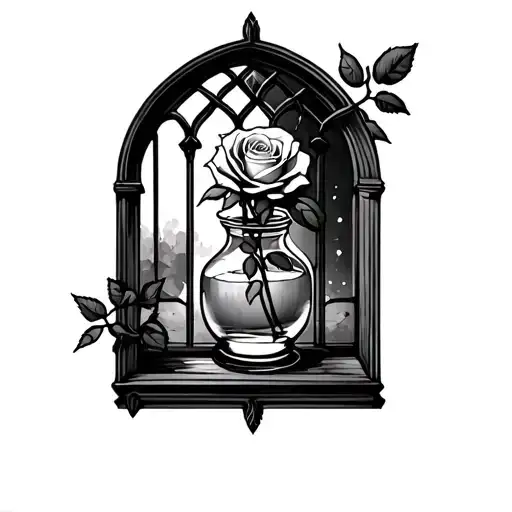 Patchwork Style Of A Rose In A Jar Through A Gothic Archway Window