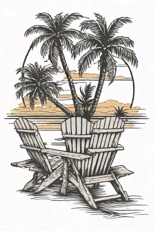 Sunset Beach Scene With One Palm Tree And Two Adirondack Chairs Facing The Ocean