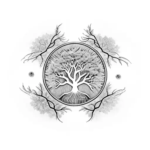 Create A Black-grey Tattoo Of The Tree Of Life With Symbols Of Protection Incorporated