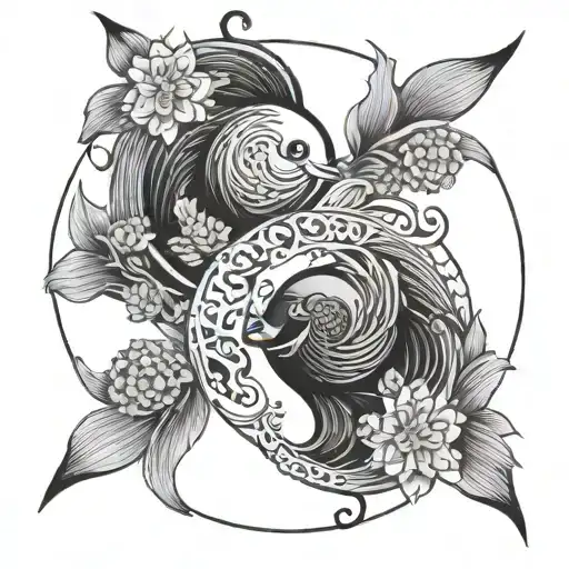 Yin And Yang Fish With Waves And Flowers
