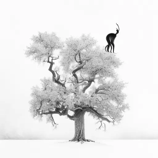 A Dead Oak Tree With Dogs Sitting At The Bottom Of The Trunk