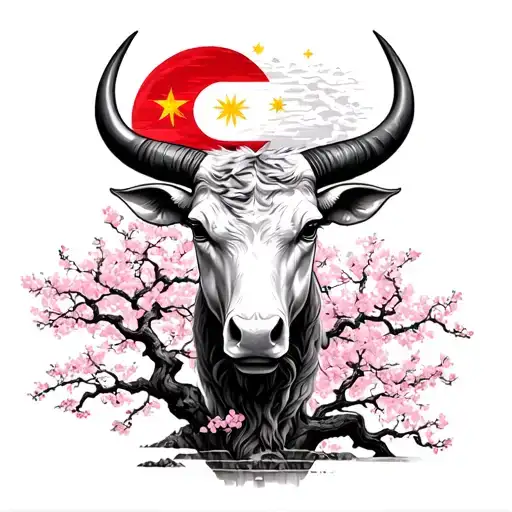 Taurus With Philippines And Japanese Flag Temples And Shrines Cherry Blossom Tree