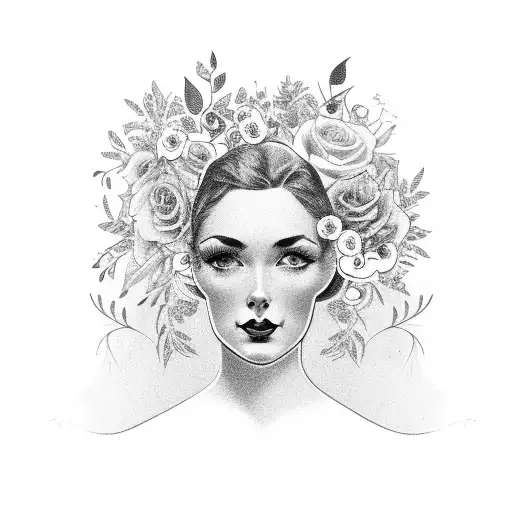 Vintage Lady Head Profile With Open Page Book Surrounded By Florals