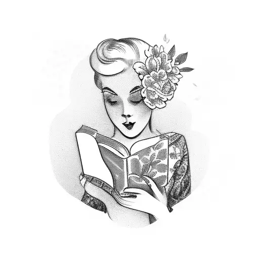 Vintage Lady Reading An Opened Book Surrounded By Bold Floral Frame