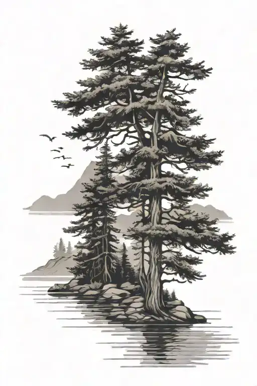 Pine Tree And Lake Scene