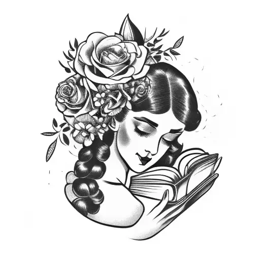 Vintage Floral Lady Profile Reading An Opened Book Surrounded By Bold Floral Frame