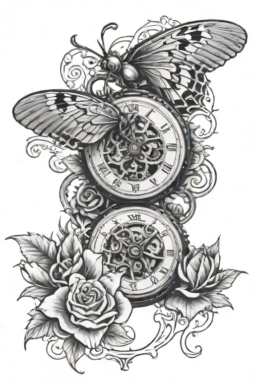 Death Moth Roses Pocket Watch Surrounded By Gears