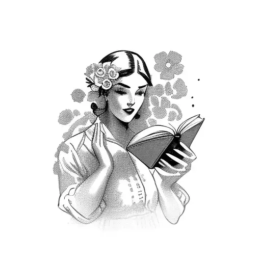 Vintage Floral Lady Profile Reading An Opened Book Surrounded By Bold Floral Frame