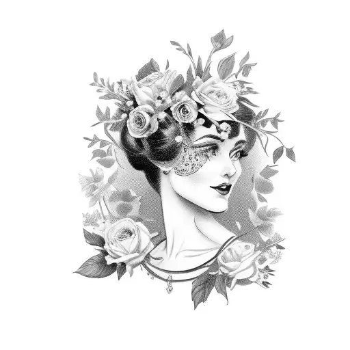 Vintage Floral Lady Profile Reading An Opened Book Surrounded By Bold Floral Frame