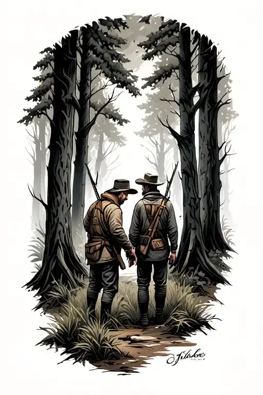 Hunting Father Son Scene Woods