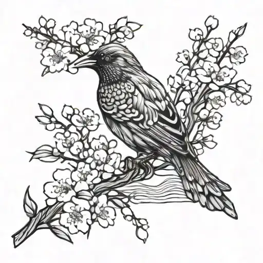 Tui Bird With Waves And Cherry Blossom Branch