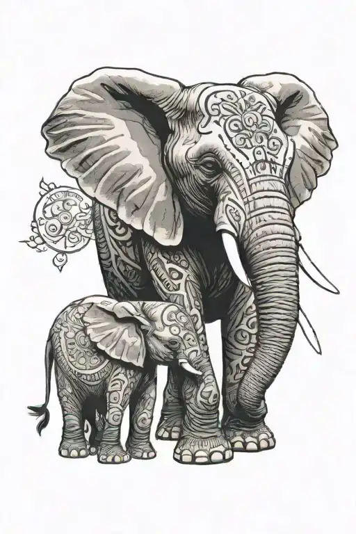 Mom And Baby Elephant Adorned With Traditional