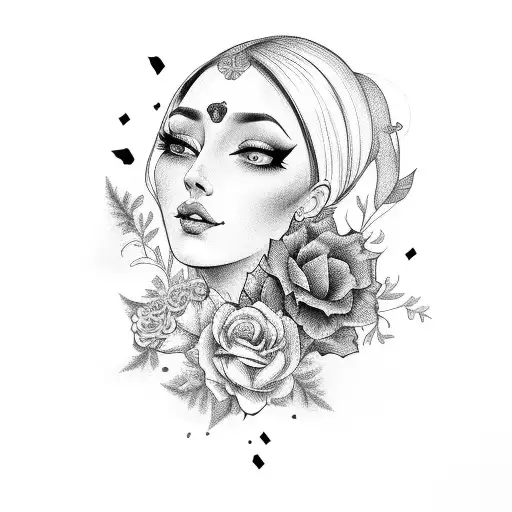 Traditional Lady Head With Bold Florals And Open Book