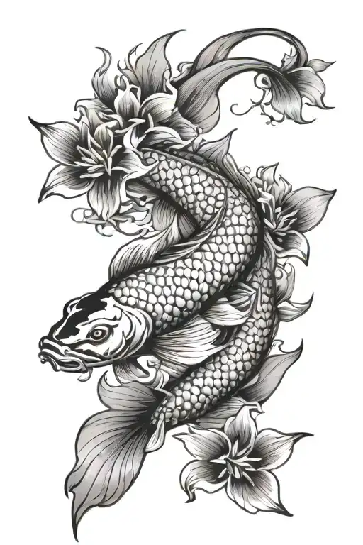 Koi Swimming And Dragon Wind Flowers
