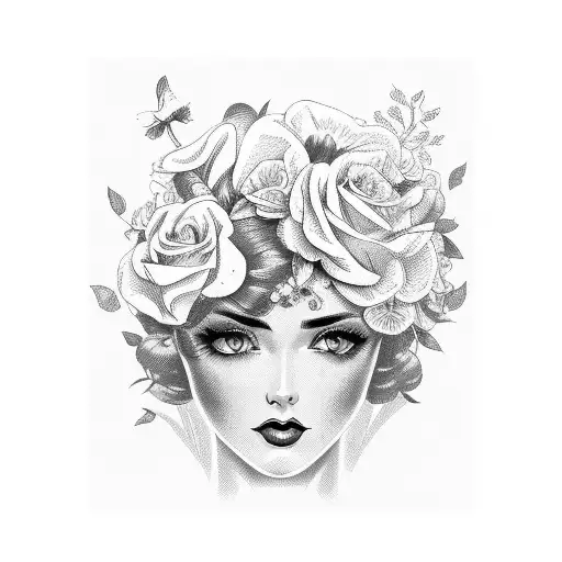 Vintage Lady Head With Bold Florals And Open Book Frame