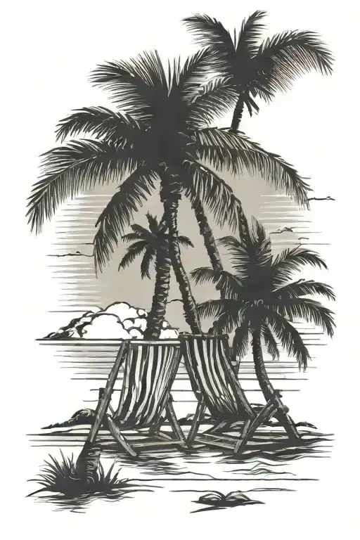 Sunset Beach Scene With One Palm Tree And Two Beach Chairs Facing The Ocean