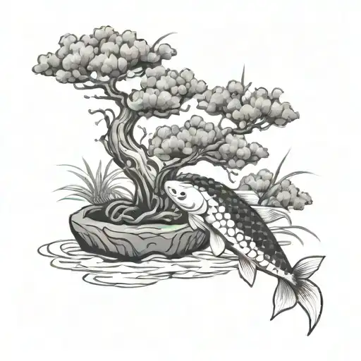 Bonsai Tree In Water With Koi Fish