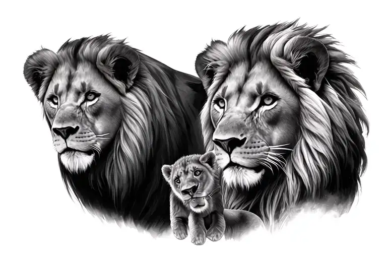 Lion Male And Female With 2 Cubs Face Only