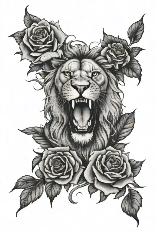 Lion Mouth Open Surrounded By Roses