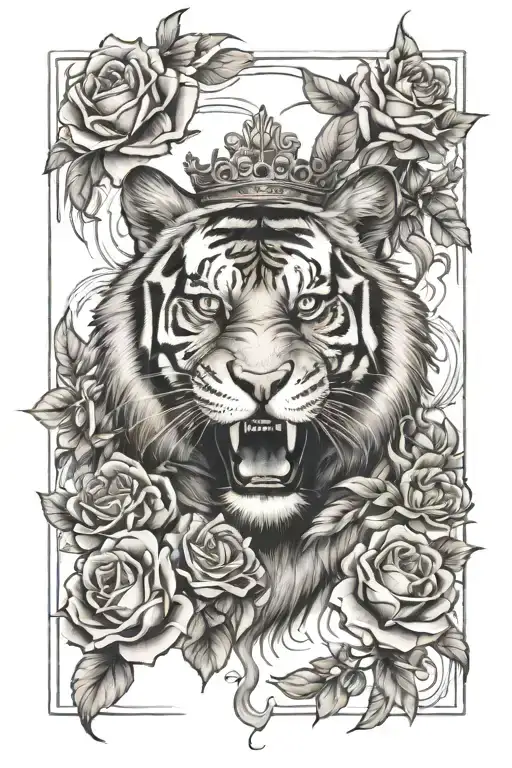 Tiger Roaring With Crown Surrounded By Roses