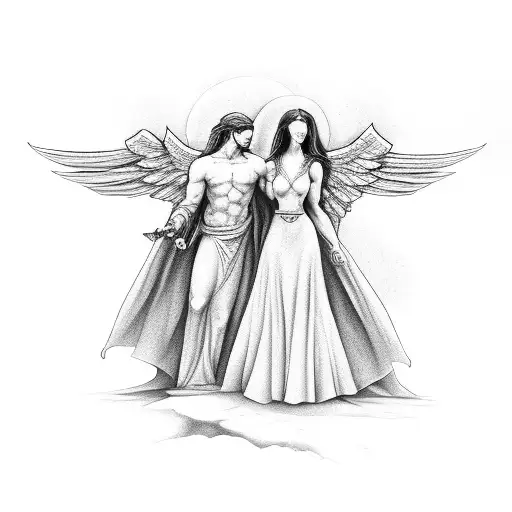 Two Angel Woman And Men Standing Together